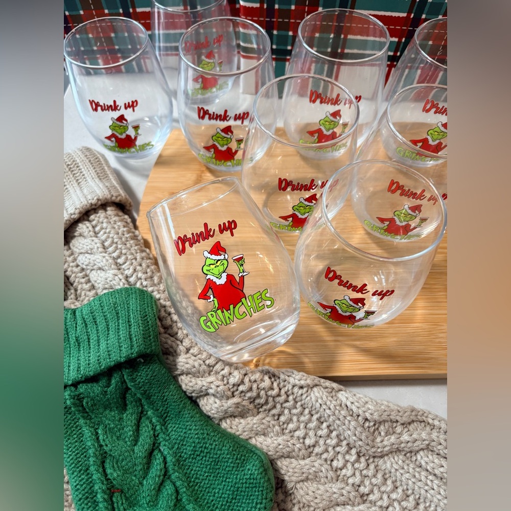 Set of 6 | “Drink Up Grinches” Stemless Wine Glasses Holiday Hostess Gift